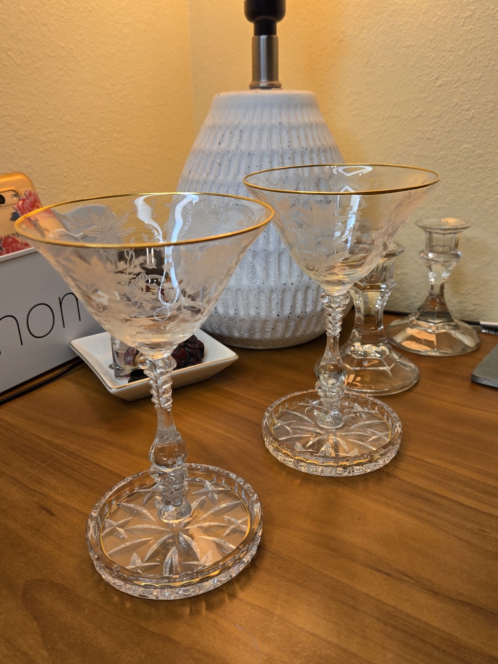 Cambridge Glass Wildflower Gold-Rim Crystal Coupe Champagne Glasses Set of 2
